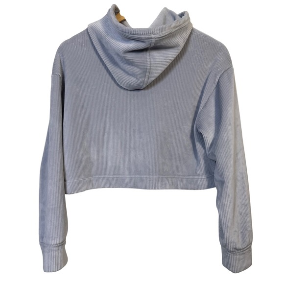 Athleta Girl Large Hoodie 12 Gray Ribbed Velour Cropped Sweatshirt Pullover - Picture 3 of 6